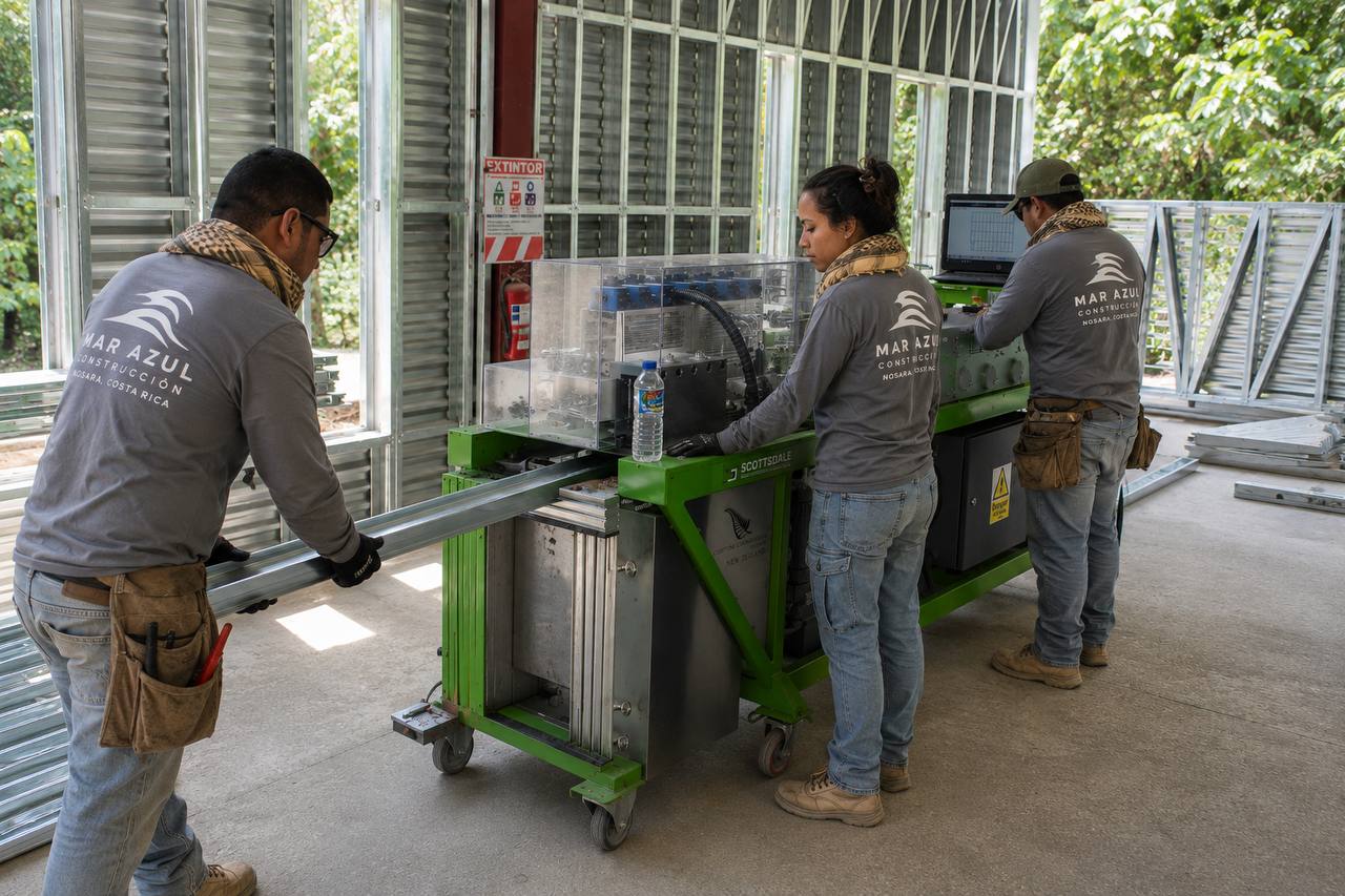 Mar Azul team operating Scottsdale roll-forming machine to produce light gauge steel framing components in Nosara