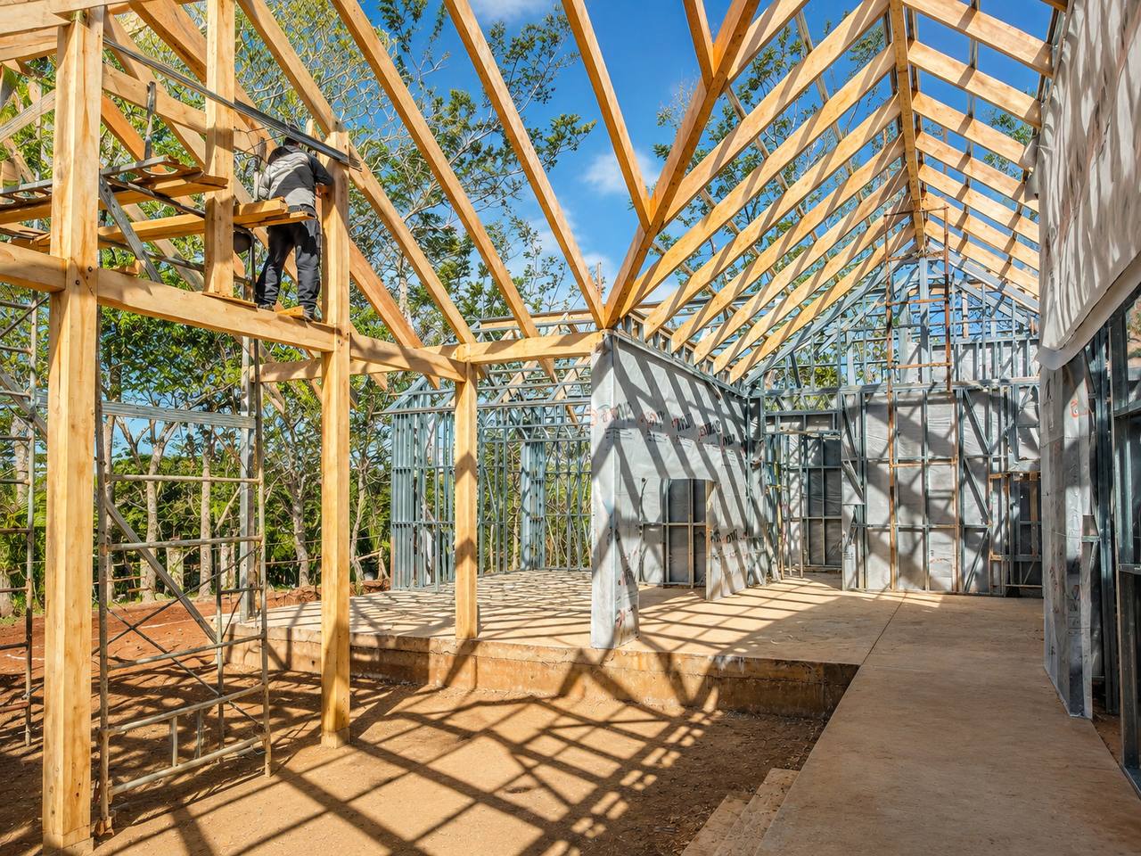 Hybrid steel and wood framing during Mar Azul home construction in Nosara